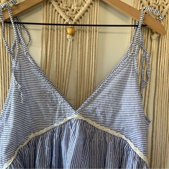 ASOS Tie Shoulder Striped Smocked Mini Sun Dress 100% Cotton Size 10 - Picture 9 of 11